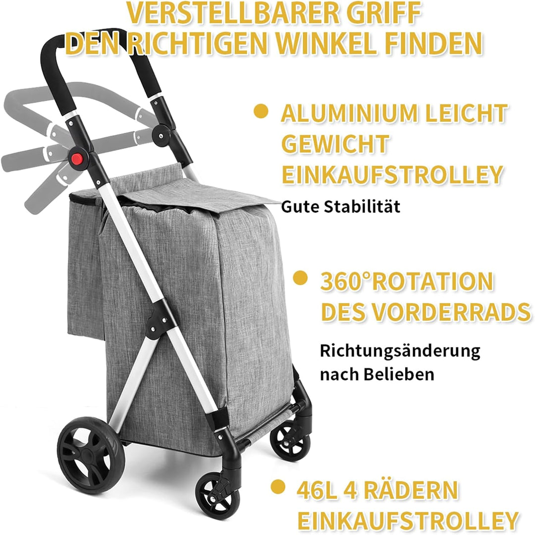 Einkaufstrolley, 46L Trolly Einkaufswagen Klappbar, 4 Rädern Aluminium Leichtgewicht Einkaufstrolley