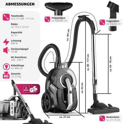 tectake® Staubsauger beutellos, VC900, 900 W, stark, beutelloser Bodenstaubsauger mit Kabel, für Tie