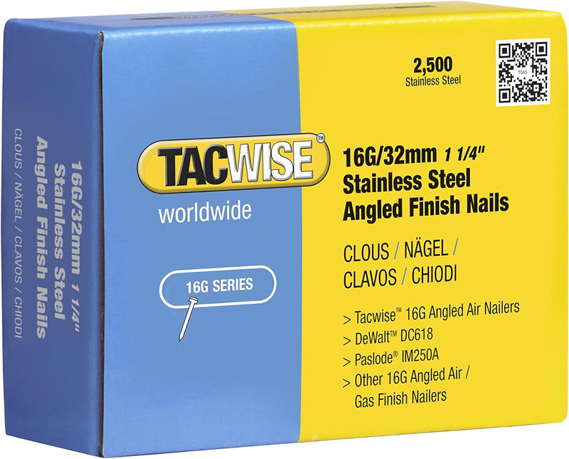 Tacwise 1222 Typ 16G/32mm gewinkelte Edelstahl Nägel 2.500 Stück 32 mm, 32 mm