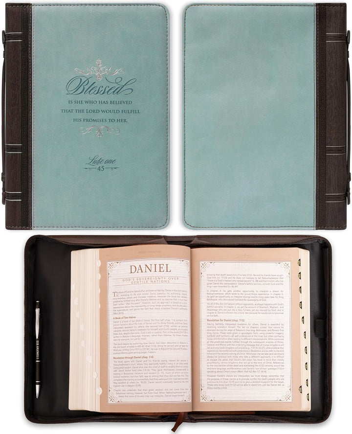 Bible Cover, Blessed Is She, Light Blue and Brown, Large, Large