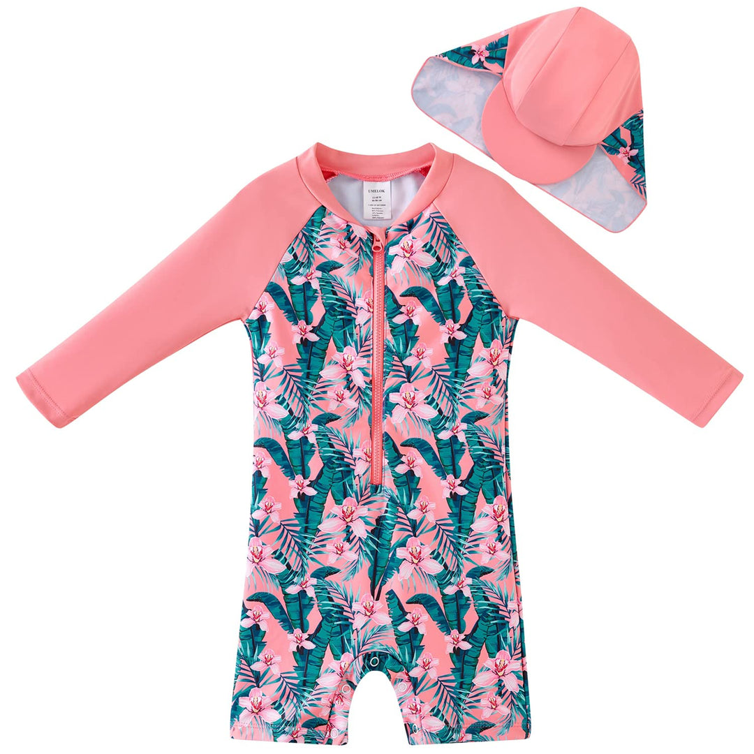 UMELOK Baby Badebekleidung Mädchen Badeanzug mit Sonnenhut UV Schutz 3-6 Monate Tropische Pflanze, R