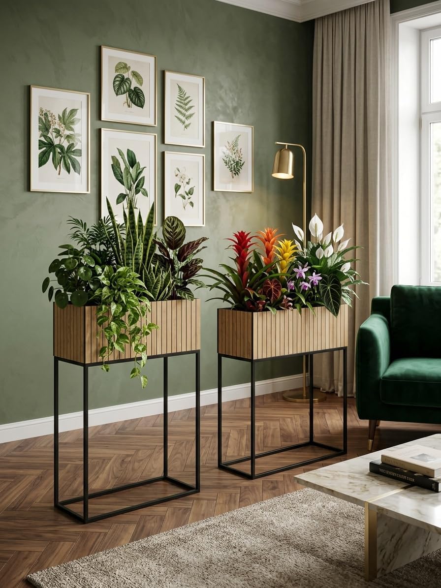 FLEXISTYLE Pflanzenständer LOFT FIORINO Metall Eiche Holz Lamelle Blumenständer Schwarz Blumentopf m
