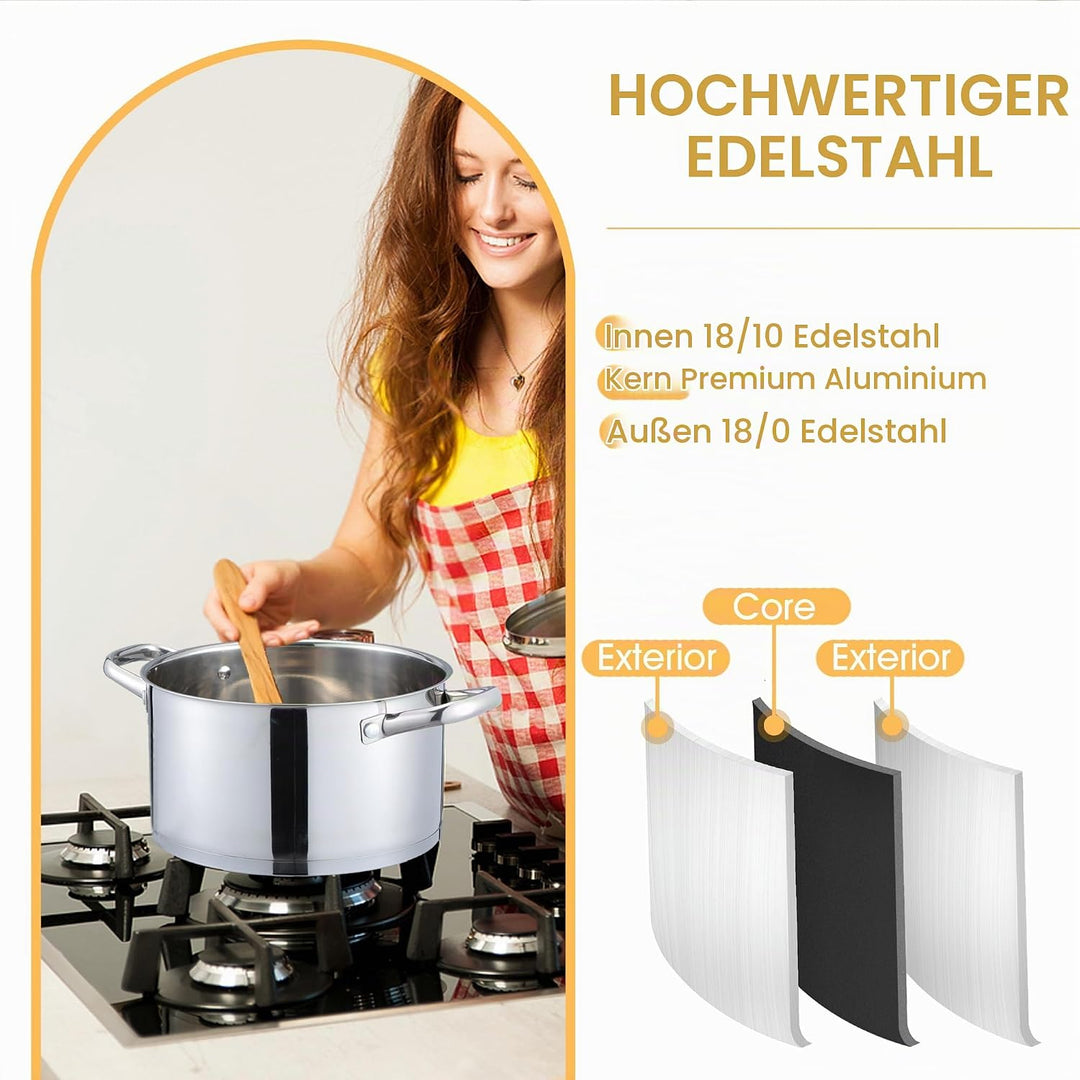 Herogo Kochtopf 26 cm, 6,7 L Edelstahl Suppentopf Induktion Topf mit Glasdeckel, Nudeltopf Fleischto