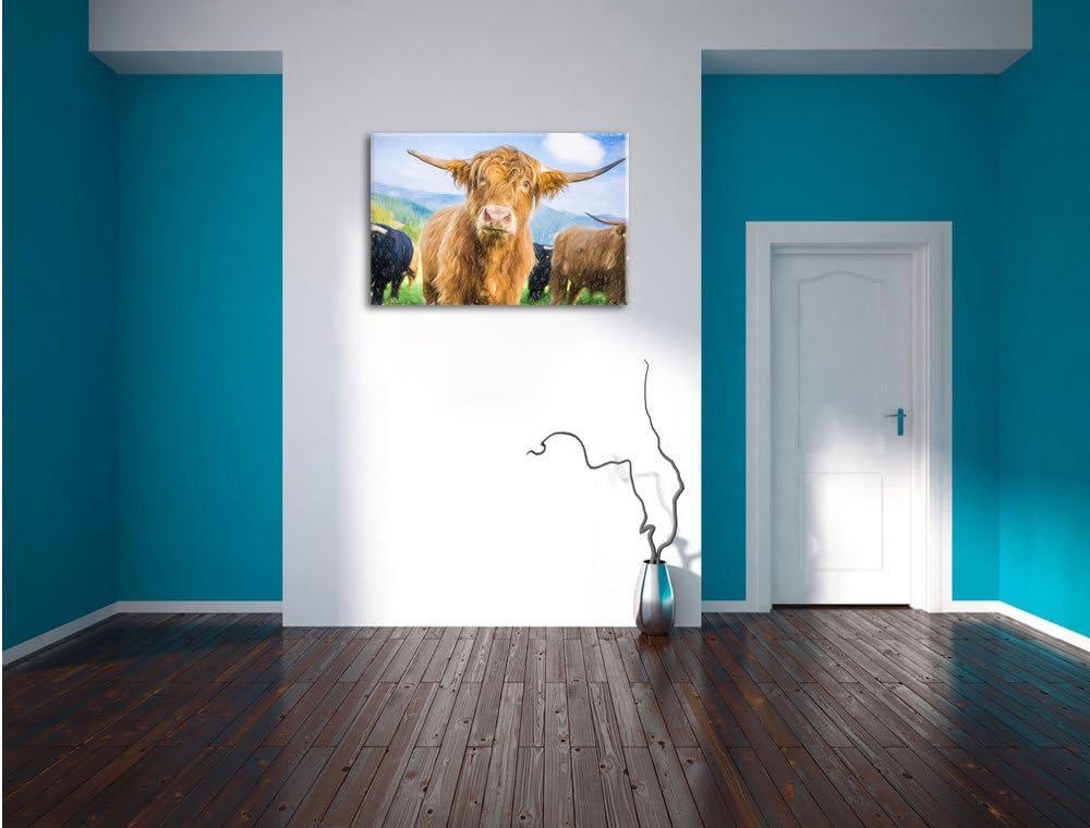 Pixxprint Blick Einer Kuh an der Weide / 100x70cm Leinwandbild bespannt auf Holzrahmen/Wandbild Kuns