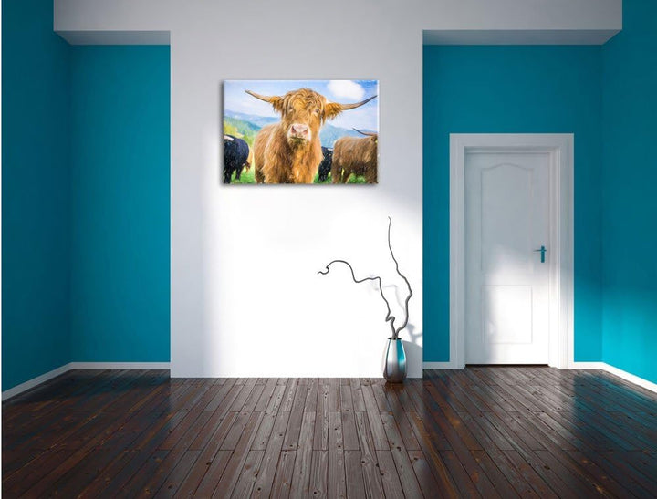 Pixxprint Blick Einer Kuh an der Weide / 100x70cm Leinwandbild bespannt auf Holzrahmen/Wandbild Kuns