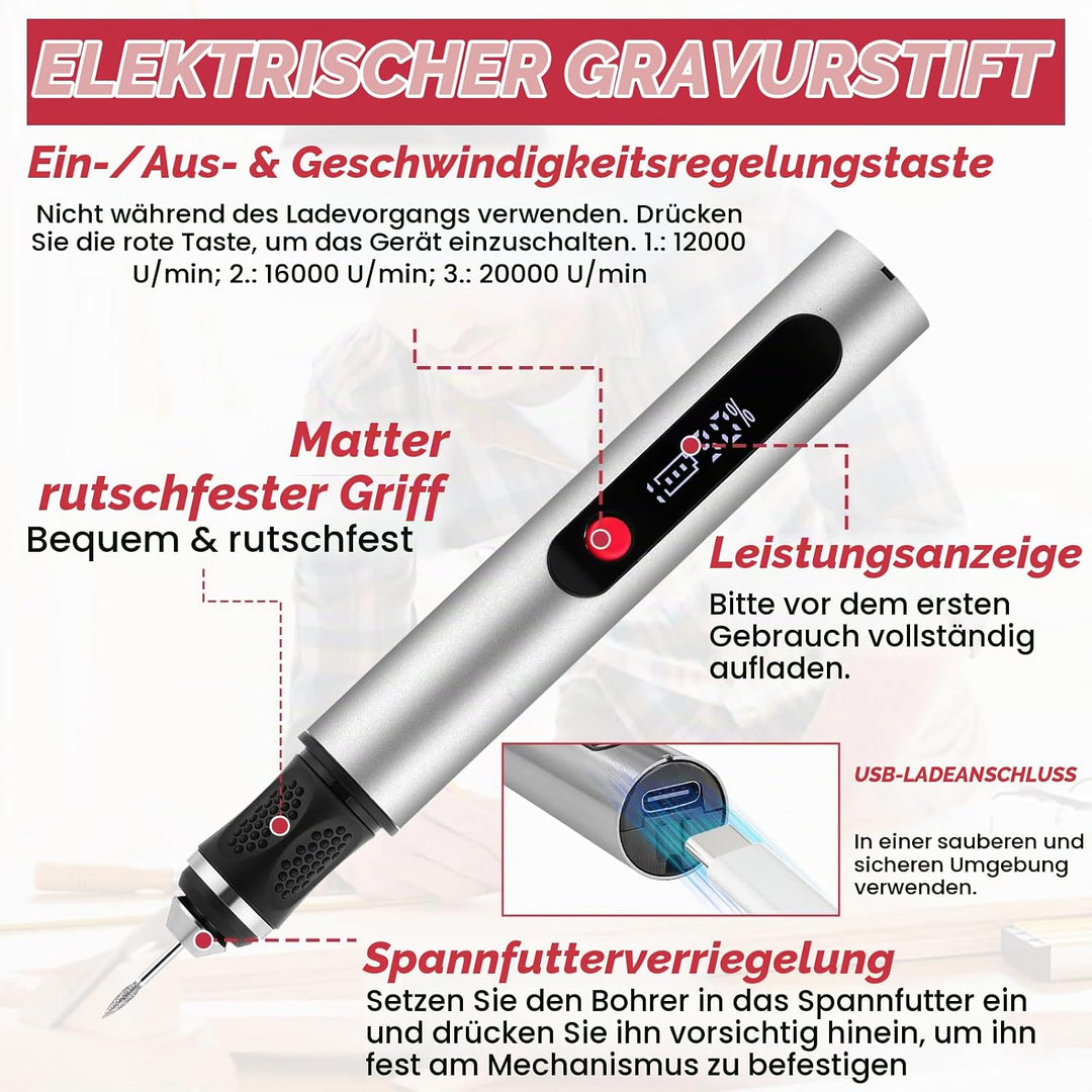 Flintronic Gravierstift, Kabelloser Elektrischer Gravierstift mit 30 Bits, Mini Gravierwerkzeug 3-Ga