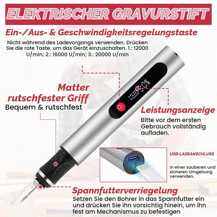 Flintronic Gravierstift, Kabelloser Elektrischer Gravierstift mit 30 Bits, Mini Gravierwerkzeug 3-Ga