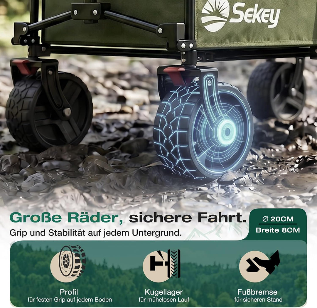 Sekey XXL Plus Bollerwagen Faltbar mit Bremsen 200L 200KG Belastbar, Extra Breite Reifen All Terrain