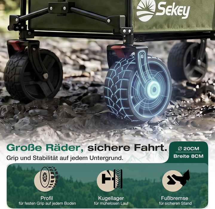 Sekey XXL Plus Bollerwagen Faltbar mit Bremsen 200L 200KG Belastbar, Extra Breite Reifen All Terrain