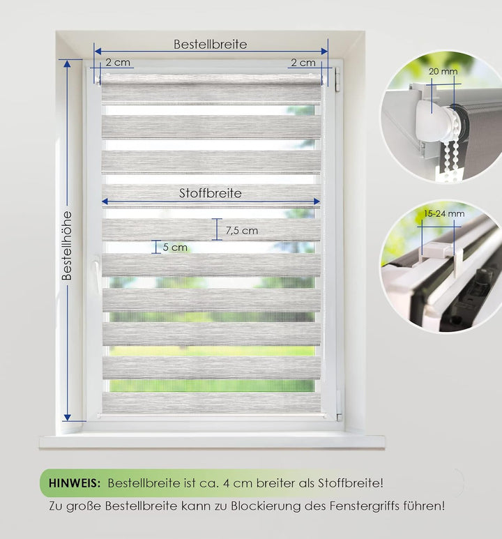 Rikmani Doppelrollo Fensterrollo LUIS Duo-Rollo Klemmfixierung Zebrarollo Seitenzugrollo ohne Bohren