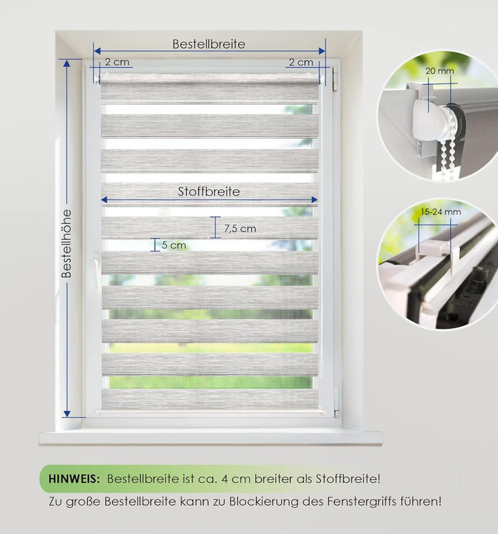 Rikmani Doppelrollo Fensterrollo LUIS Duo-Rollo Klemmfixierung Zebrarollo Seitenzugrollo ohne Bohren