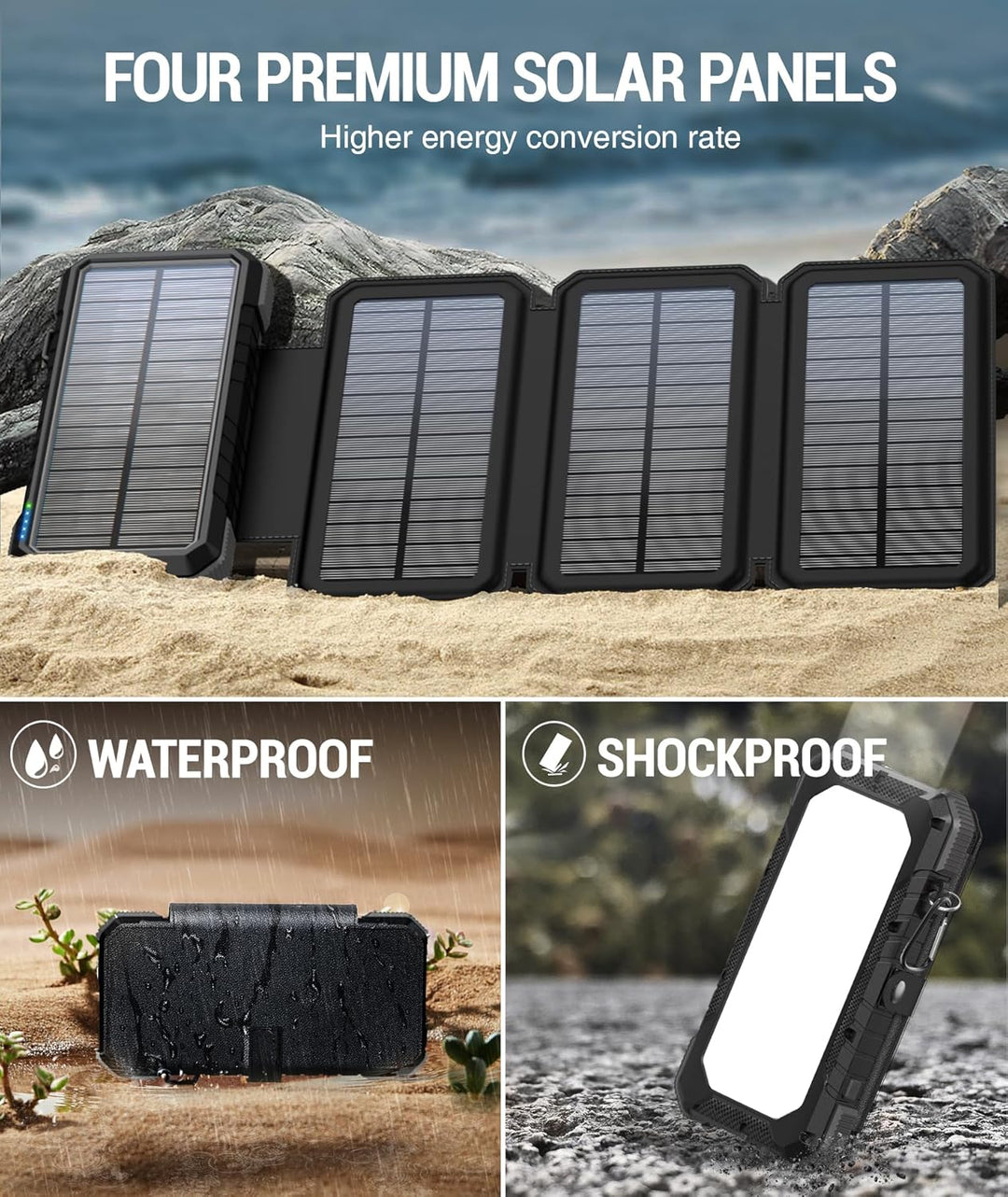 BLAVOR Solar Powerbank 20000mAh Tragbare Solar Ladegerät mit 4 Solarpanels, Outdoor wasserfester ext