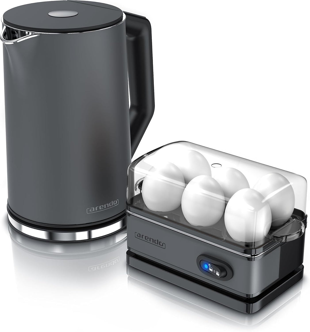 Arendo - SET Wasserkocher ELEGANT mit Eierkocher THREECOOK Edelstahl Cool Grey, Wasserkocher 1,5L 40
