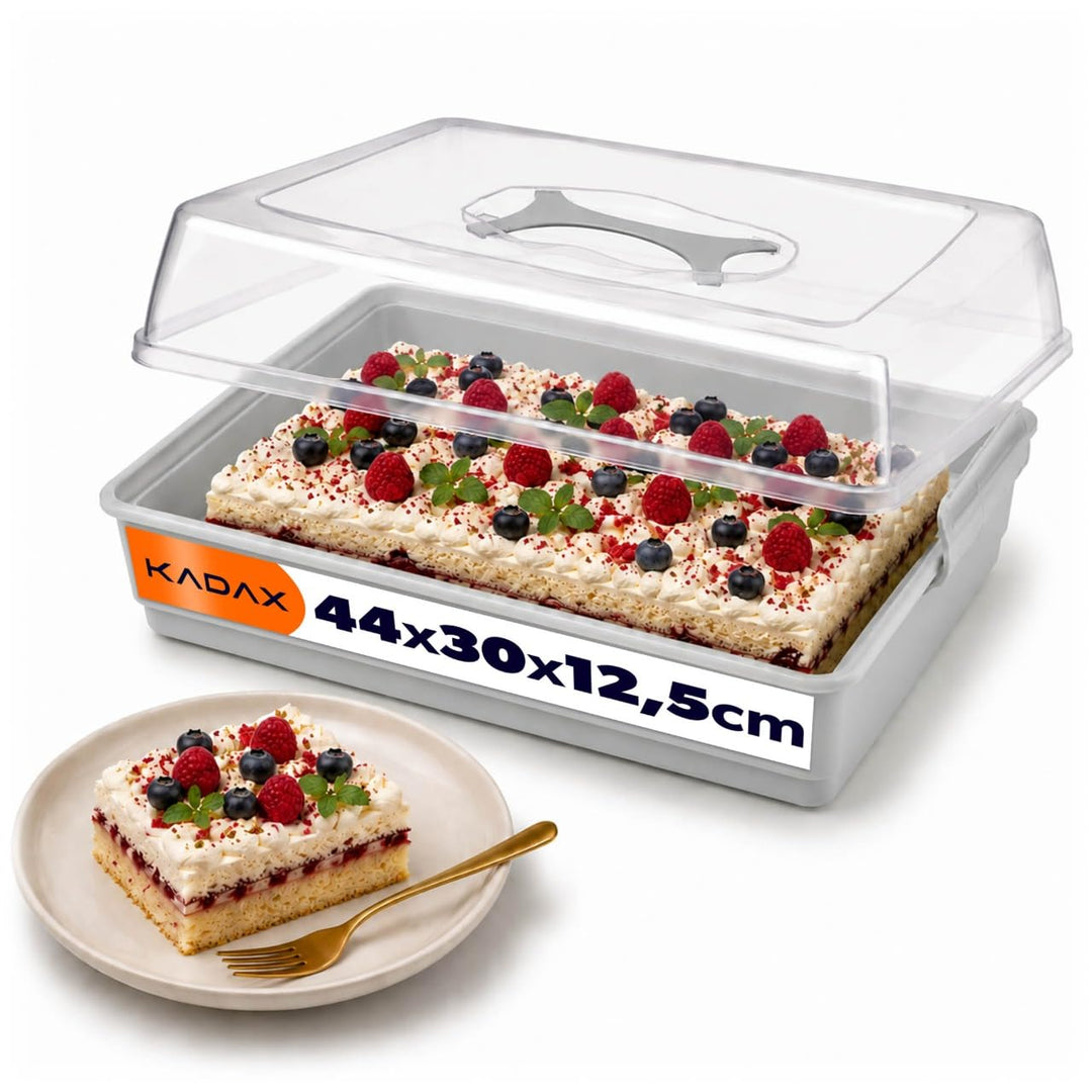 KADAX Kuchenbox mit Deckel, 44 x 30 x 12,5 cm, Kuchenbehälter aus Kunststoff, Transport-Box mit Grif