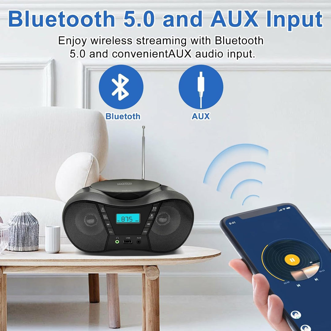 Tragbarer CD-Player Boombox mit FM-Radio, Bluetooth-Lautsprecher, AC/Batteriebetrieben, unterstützt
