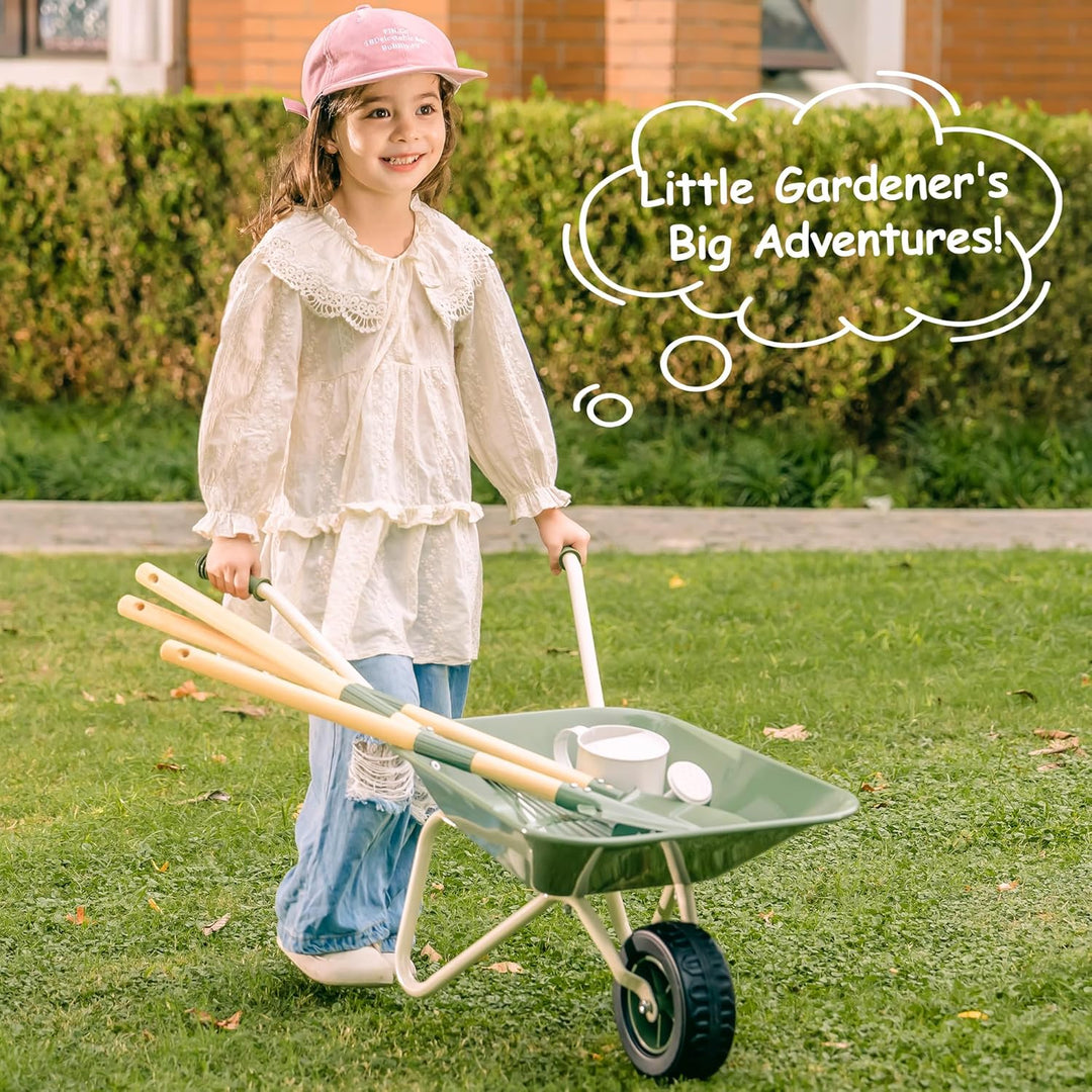 ROBUD Kinder Schubkarre Metall mit Kinder Gartenwerkzeug Set, Schubkarre mit Langer Schaufel, Hacke,