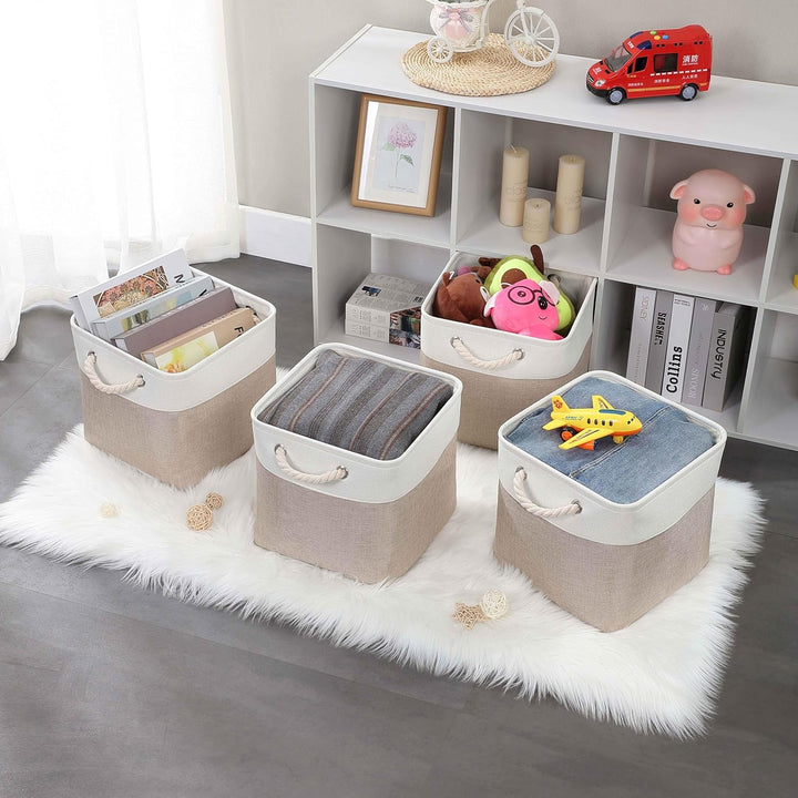 Mangata Aufbewahrungsbox Stoff, aufbewahrungskorb Helles Khaki Weiss, Korbe Stoff in Würfel (25x25x2