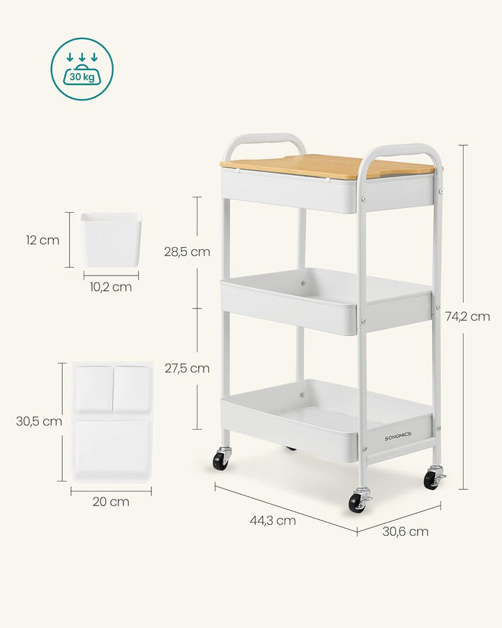 SONGMICS Rollwagen, Küchenwagen, 3 Metallgitterablagen, Servierwagen, 2 abnehmbare Hängebehälter, 2