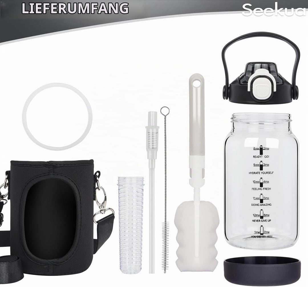 1l Trinkflasche Glas Flasche mit Strohhalm &amp; Zeitmarkierung, 1 liter Wasserflasche mit Früchteinsatz