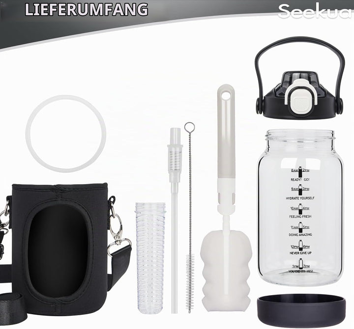 1l Trinkflasche Glas Flasche mit Strohhalm &amp; Zeitmarkierung, 1 liter Wasserflasche mit Früchteinsatz