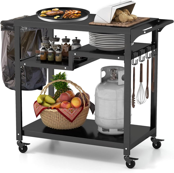 COSTWAY Grillwagen Grilltisch Outdoor, Pizzatisch mit 4 Ablagen & 4 Rollen & Haken, Grill Beistellti