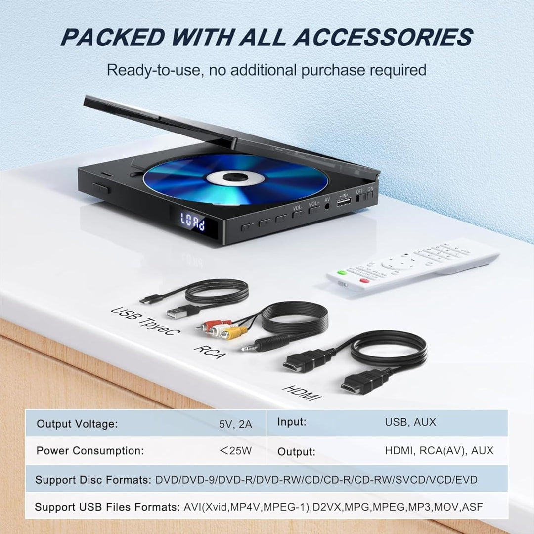 MINI DVD Player HDMI, 1080P Kleiner DVD Player für TV | Alle Regionen Frei, Speicherwiedergabe mit H