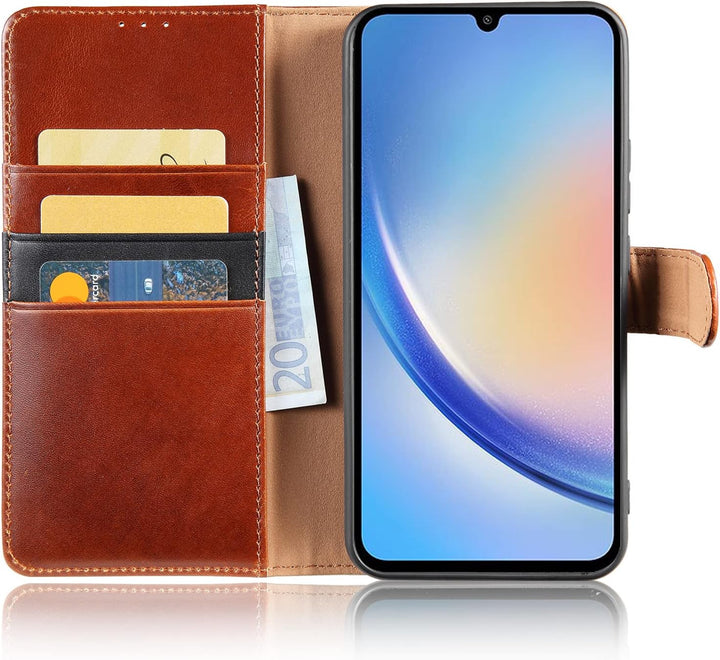 LENSUN Handyhülle für Samsung Galaxy A34, Echtleder Hülle Klappbar [Kartenfach][RFID Schutz][Standfu