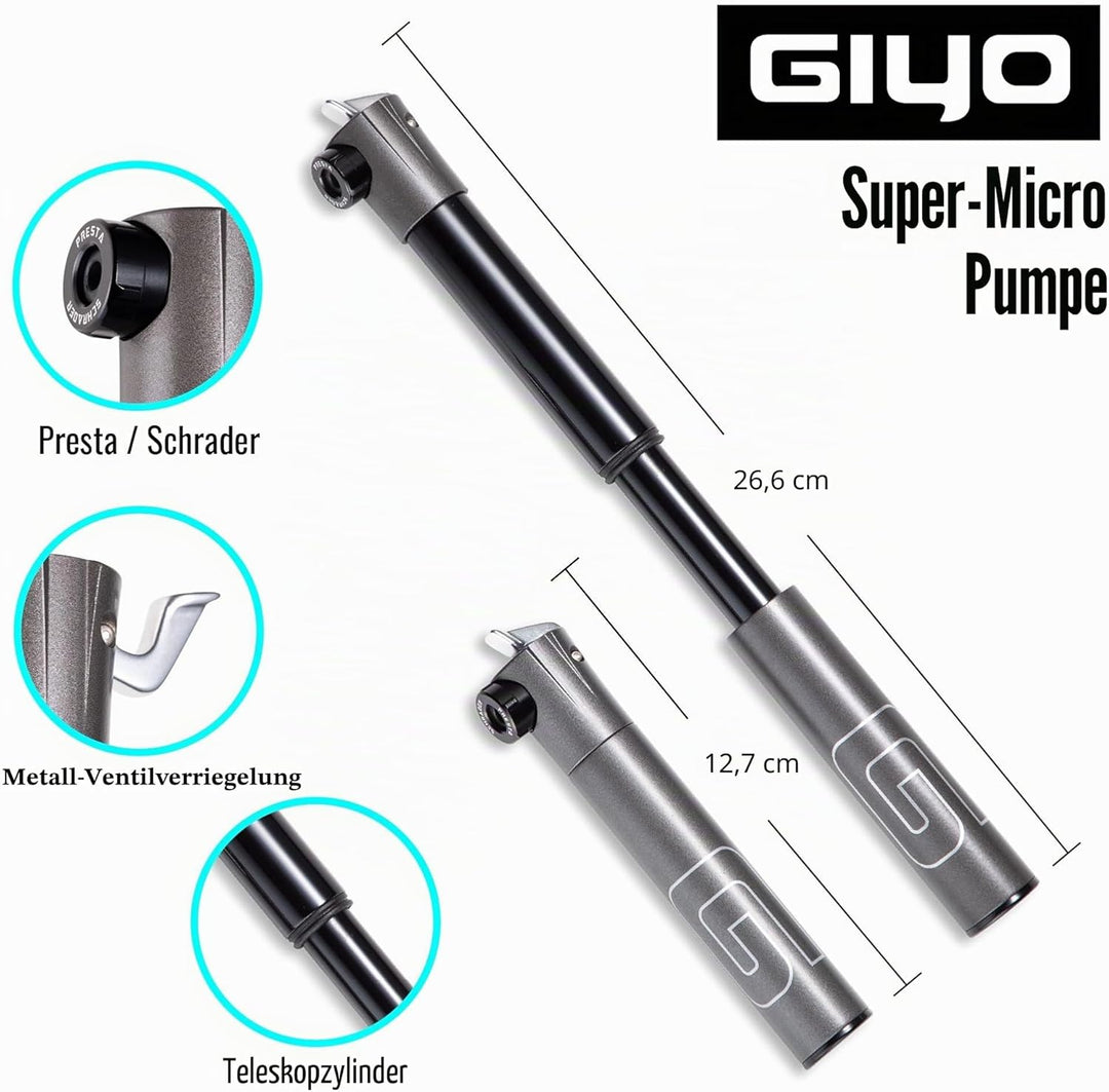 GIYO Super Micro Fahrradreifenpumpe, aus Metall, kleinste Pumpe, erhältlich mit Teleskoppumpe für MT