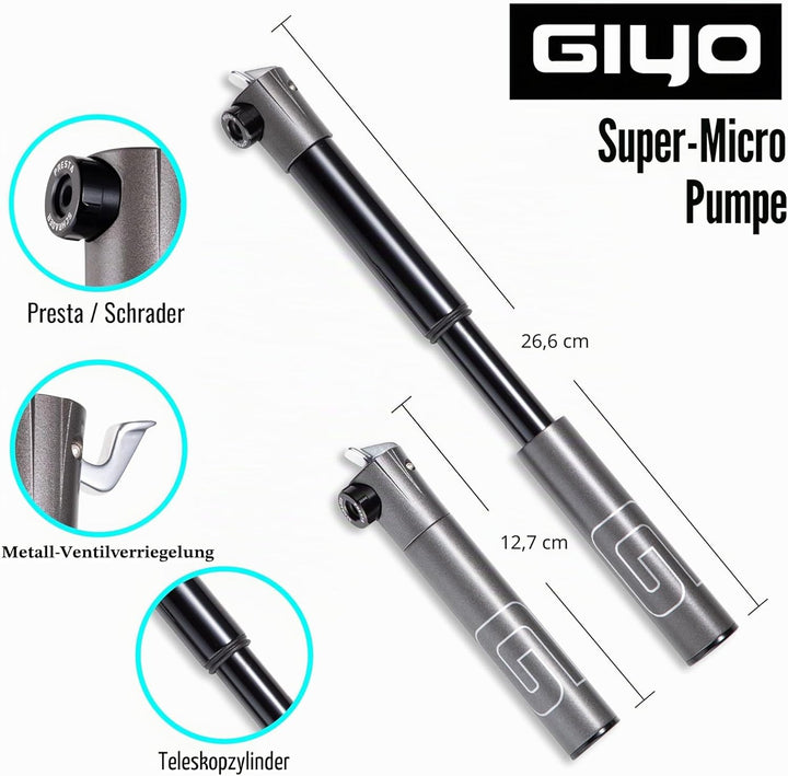 GIYO Super Micro Fahrradreifenpumpe, aus Metall, kleinste Pumpe, erhältlich mit Teleskoppumpe für MT