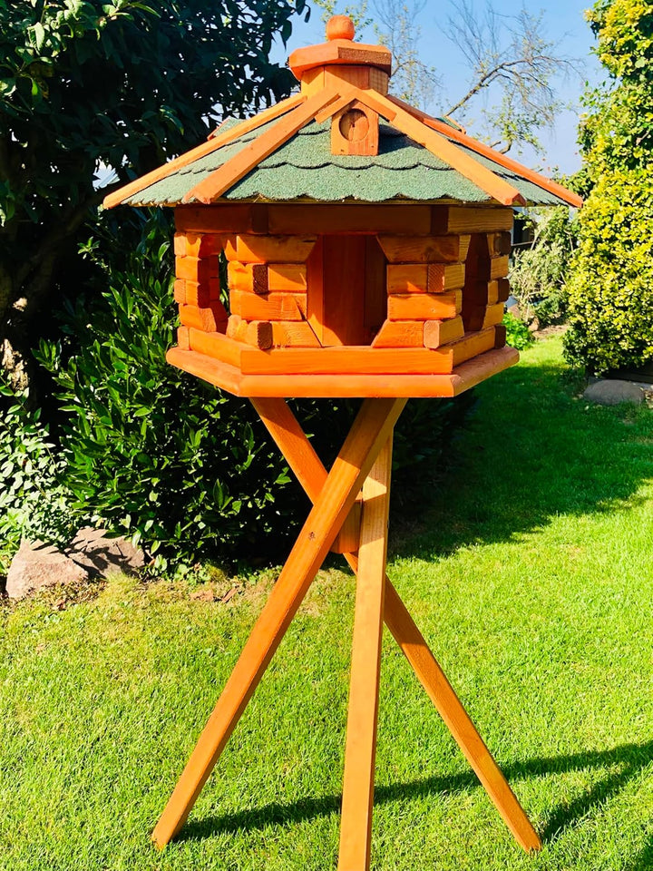 DARLUX Handgefertigtes Sechseck Vogelhaus aus Holz wetterfest M - XXL mit und ohne Ständer I Futterh