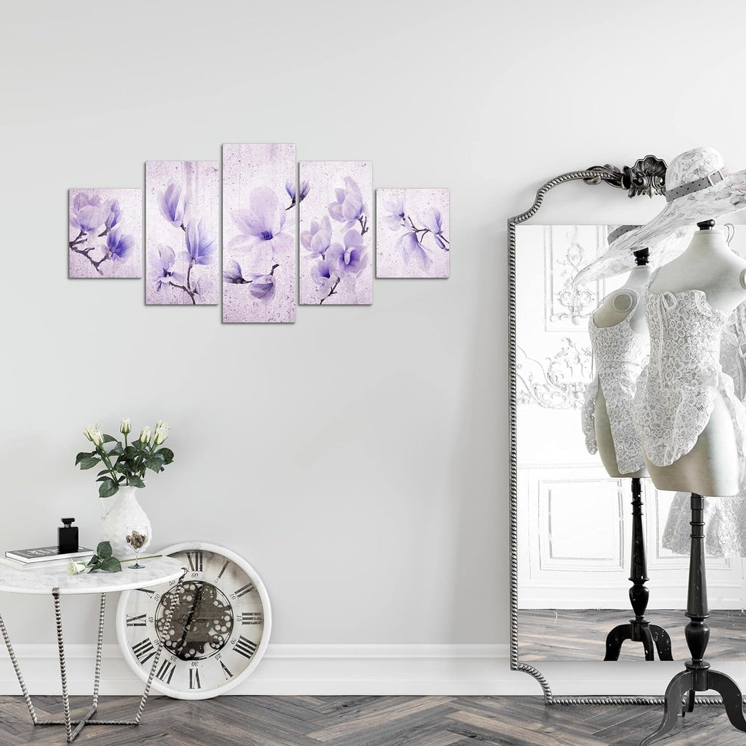 Runa Art Wandbilder Blumen Magnolien 5 Teilig Bild auf Vlies Leinwand Deko Wohnzimmer Vintage Beige