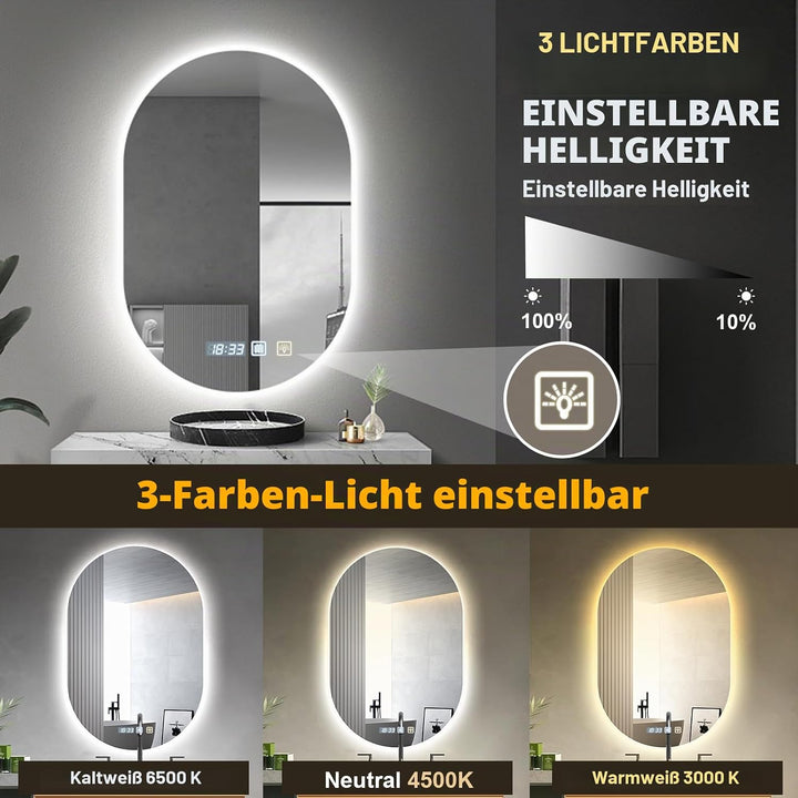 Oval LED Badezimmerspiegel,Spiegel mit Beleuchtung Bad 50x75cm, Badspiegel mit Beleuchtung mit Touch