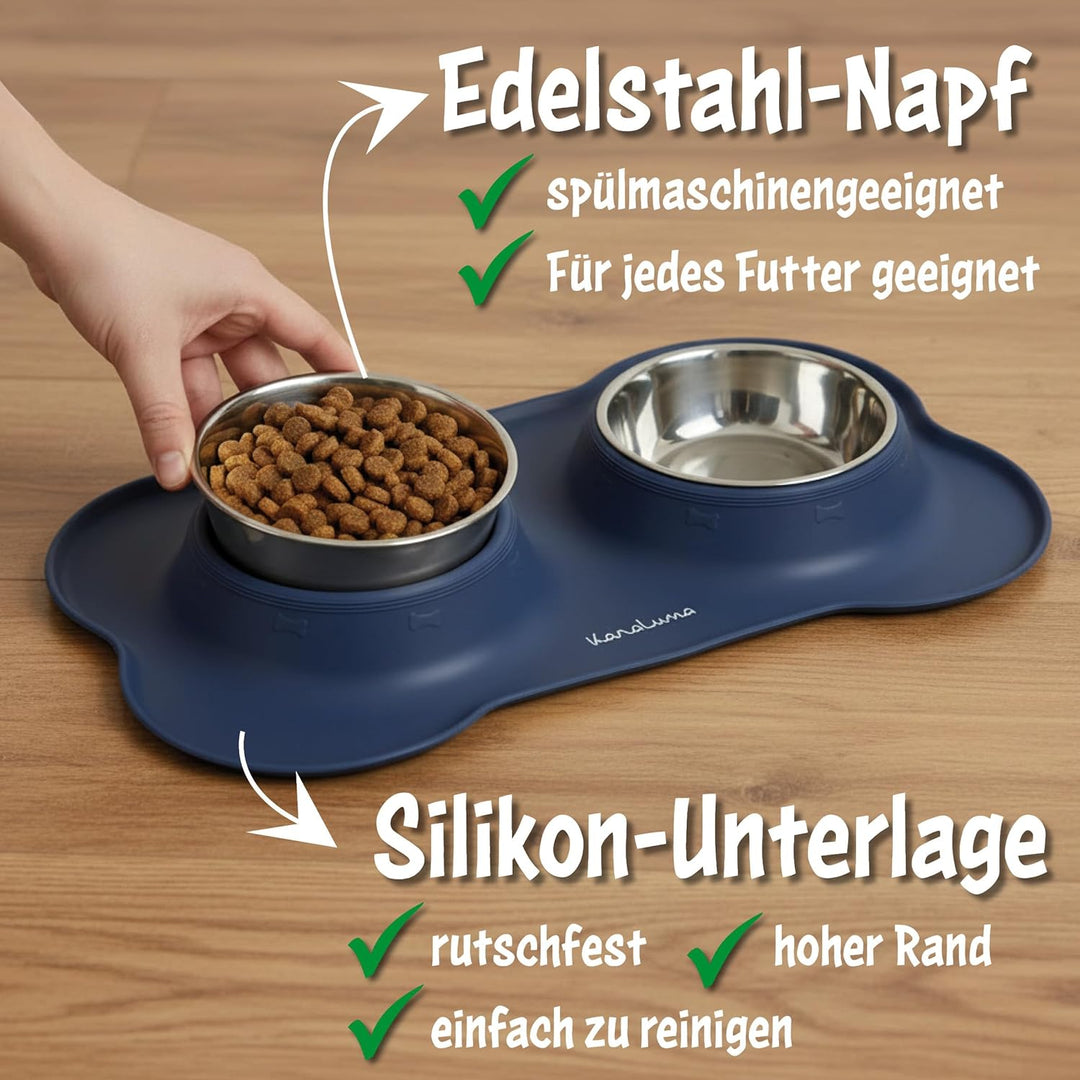 KaraLuna Napfunterlage aus Silikon mit Edelstahl Futternapf I Für Katzen & Hunde (400ml, Blau) Blau