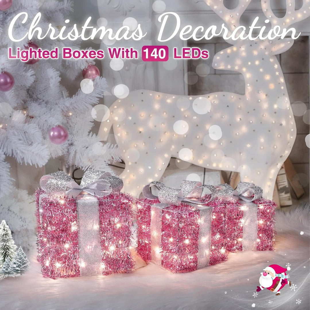 Quntis 3 Set LED Geschenkbox Weihnachten, Weihnachtsdeko Innen Strombetrieben, 140 warmweisse LEDs,