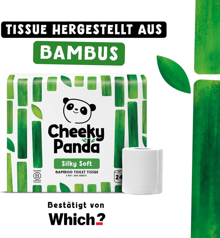 The Cheeky Panda Bambus Toilettenpapier 3-Lagig Grosspackung | 24 Rollen x 200 Blatt | Klopapier Pla