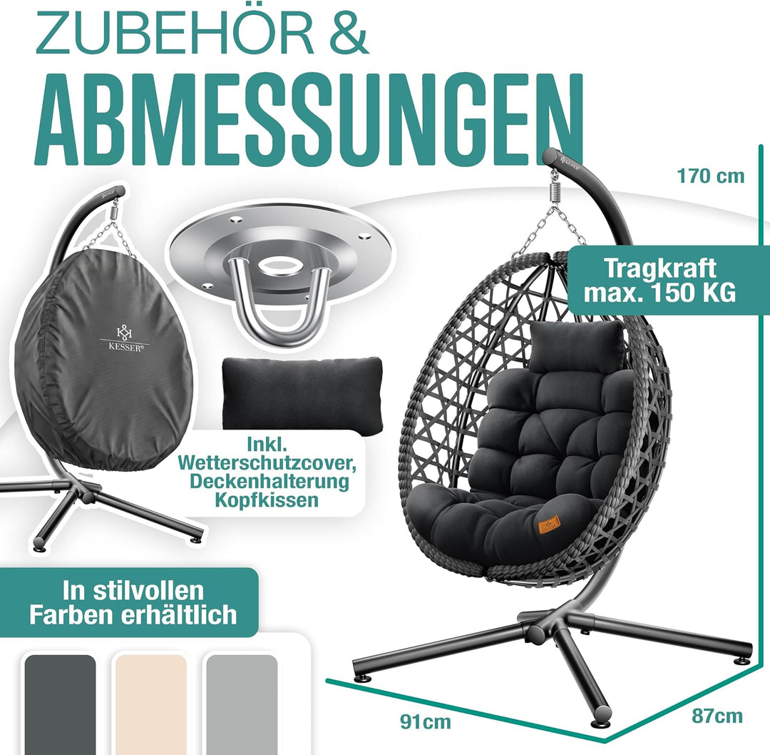 KESSER® Hängesessel mit Gestell Outdoor Indoor Schaukelstuhl Polyrattan 360° 150kg Tragkraft inkl. P