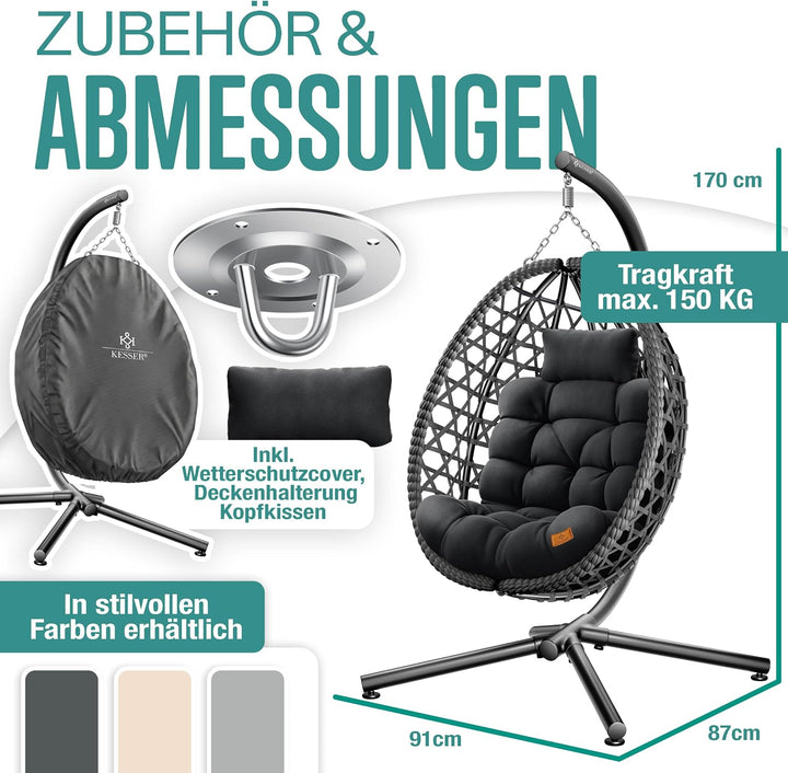 KESSER® Hängesessel mit Gestell Outdoor Indoor Schaukelstuhl Polyrattan 360° 150kg Tragkraft inkl. P