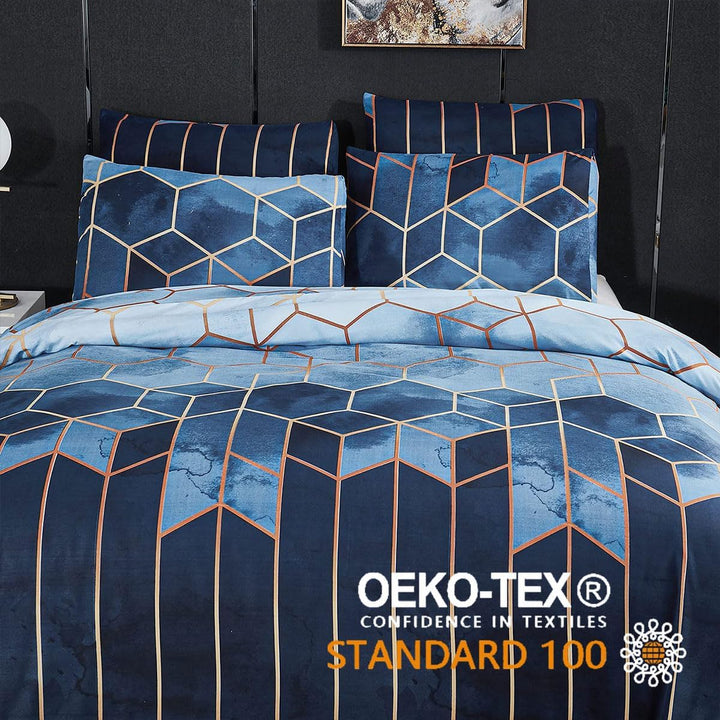 Freyamy Bettwäsche 200x200cm 3 Teilig Blau Kariert Marmor Wendebettwäsche Geometrische Modern Microf