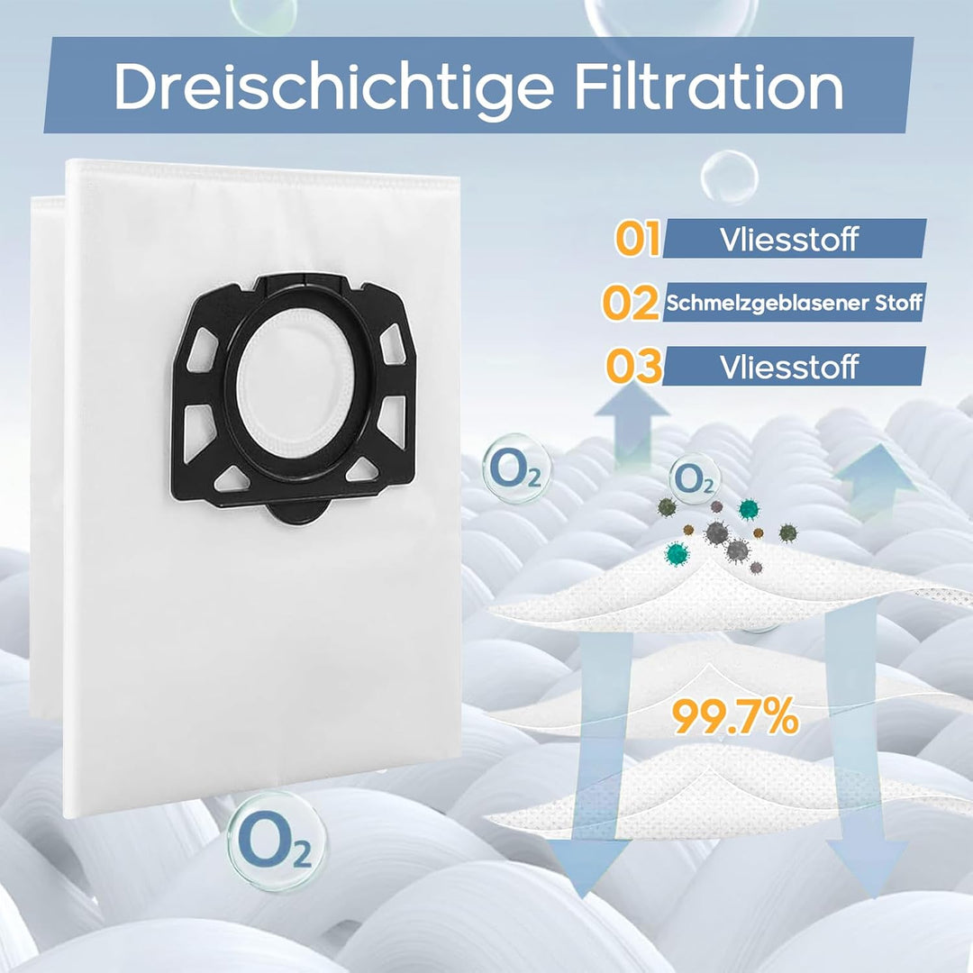 10 Staubsaugerbeutel mit 2 Filter für Kärcher WD6 WD5 WD4 WD5P WD6P MV4 MV5 MV6 Staubsauger KFI 487