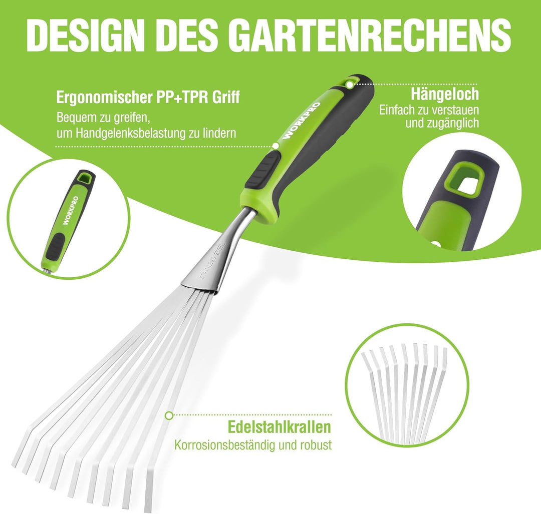 WORKPRO 41 cm Handrechen für Laub, 9-Zahn Gartenhandharke, Edelstahl Fächerrechen mit ergonomischem