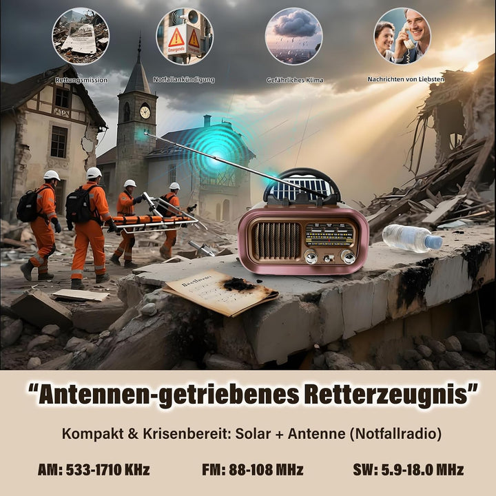 Retro Radio mit mit Solarzelle, AM/FM/SW Klein Radio Batteriebetrieben und Küchenausführung 1200mAh