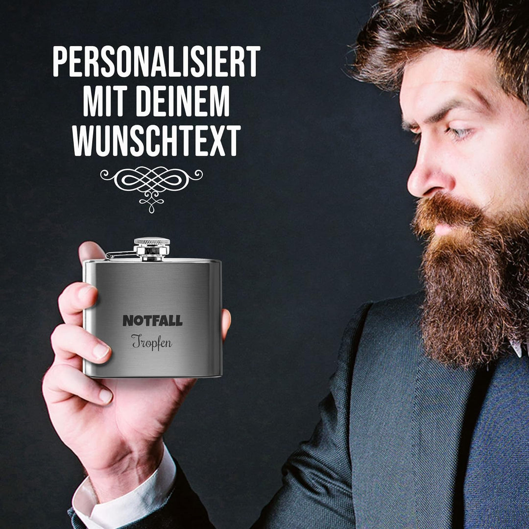 Flachmann mit Gravur aus Edelstahl selbst gestalten - mit Wunschtext gravieren - Geschenkidee für Fr