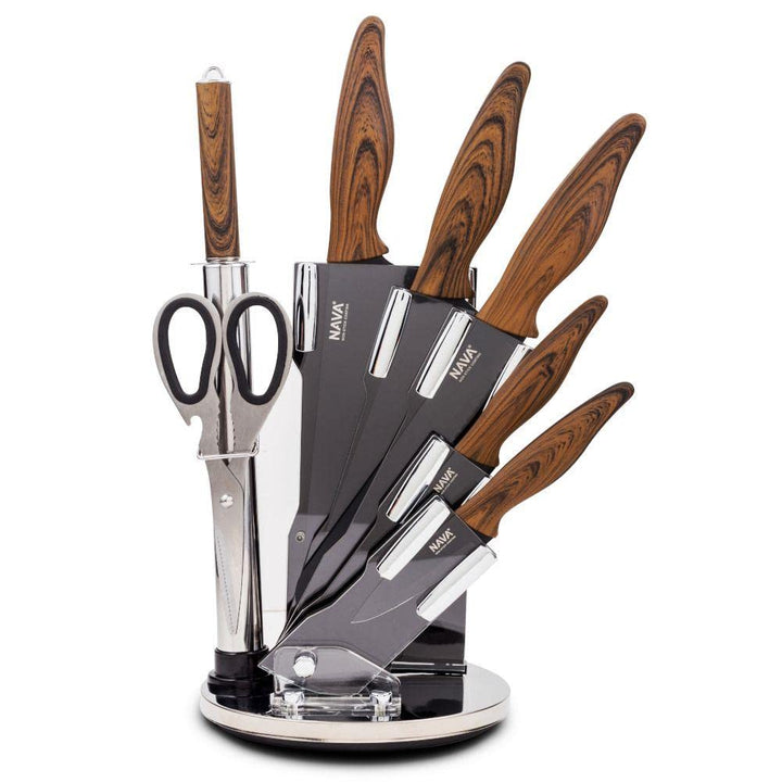 NAVA Küchenmesser Stahlmesser SCHWARZ BRAUNER GRIFF 7er Set mit Ständer