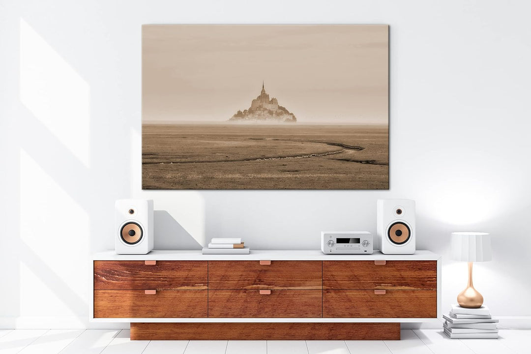 deyoli Insel Kathedrale Mont Saint Michel Effekt: Sepia Format: 80x60 als Leinwandbild, Motiv fertig