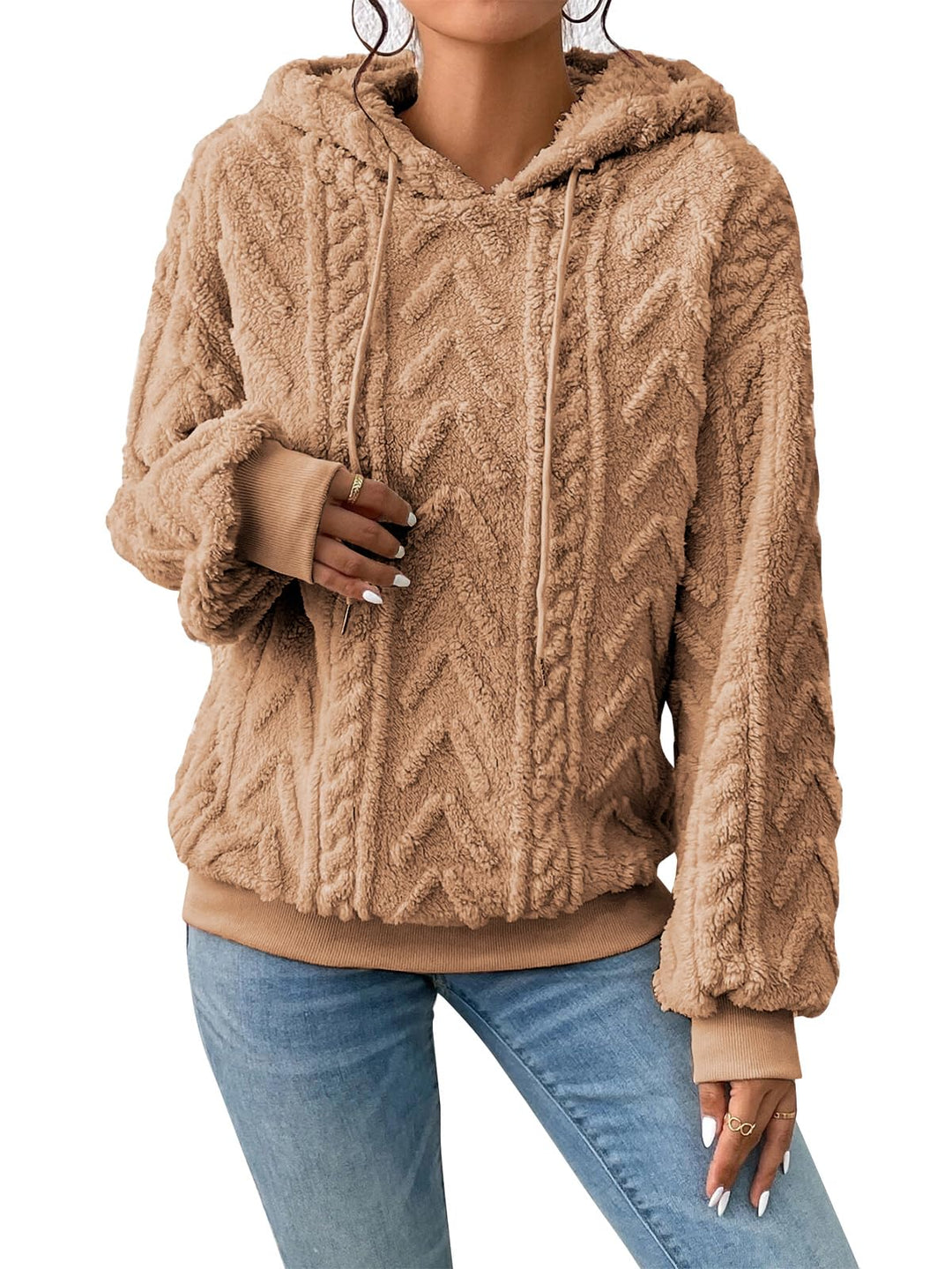 Zetieny Hoodie Damen Kapuzenpullover Teddy Fleece Double Fuzzy Fluffy Jacquard Pullover Lässiges War
