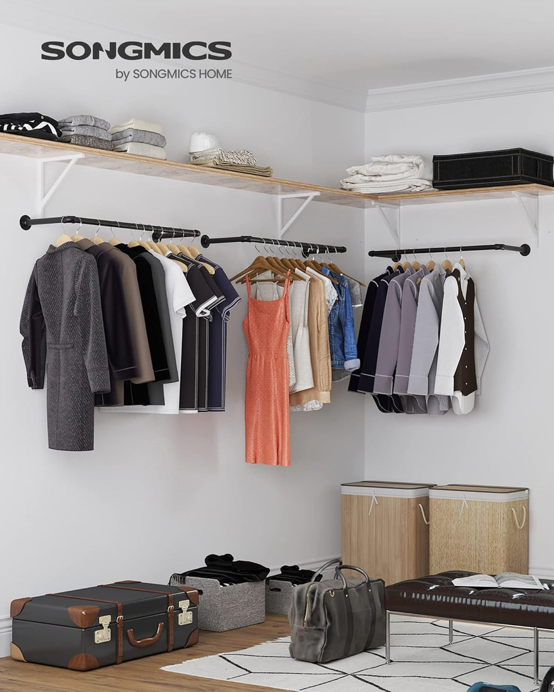 SONGMICS Kleiderständer für die Wand, Kleiderstange im Industrie-Design, 2er Set, Wandmontage, 92 x