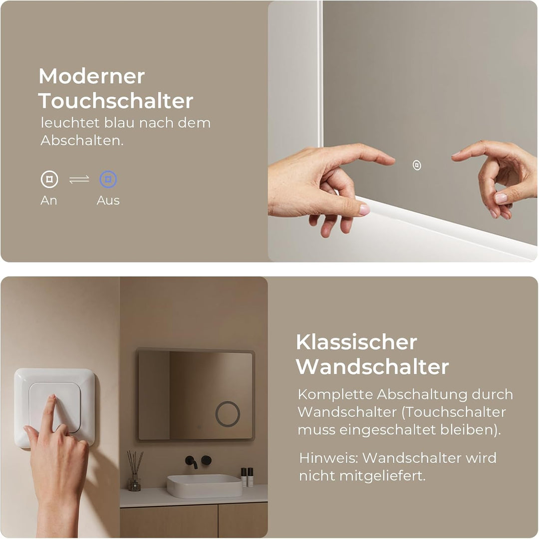 S'AFIELINA Badspiegel mit Beleuchtung 60 × 80 × 3,5 cm Badezimmerspiegel mit Beleuchtung mit Touch,