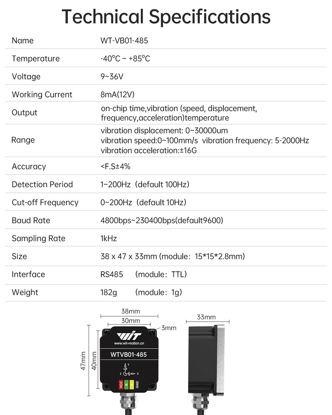 WitMotion WTVB01-485 IPX8 wasserdichter Vibrationssensor-Wandler, Modbus RTU 3-Achsen (XYZ), Vibrati