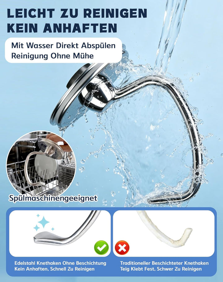 Knethaken für Kitchenaid 4.5/5QT Edelstahl Knethaken, Teigpeitsche für Standmixer, Artisan Rührhaken
