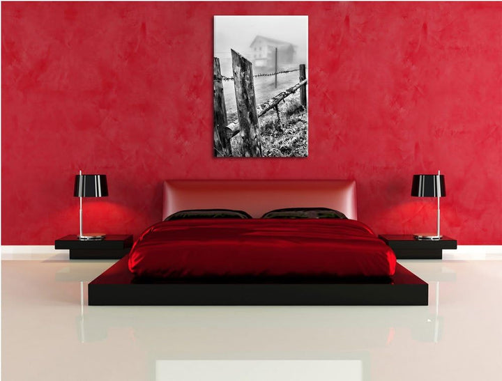 Pixxprint Holzzaun auf Wiese als Leinwandbild/Grösse: 100x70 / Wandbild/Kunstdruck/fertig bespannt,